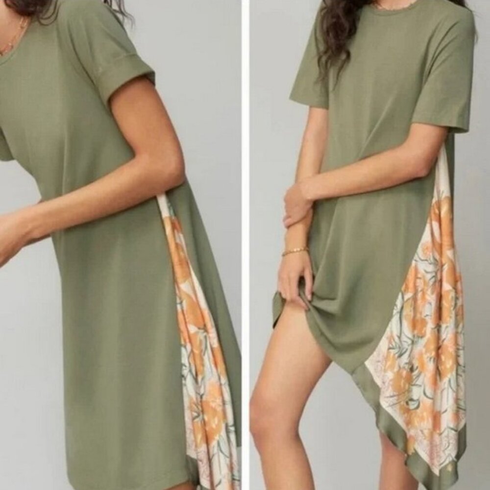 Anthropologie Cute tee shirt dress with asymmetrical scarf panel hem accent.